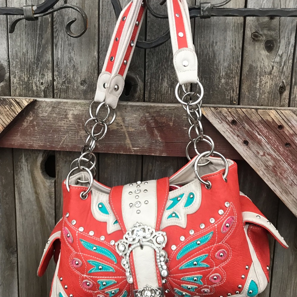 Darling orange, cream and torquois purse w/ bling - Picture 6 of 8